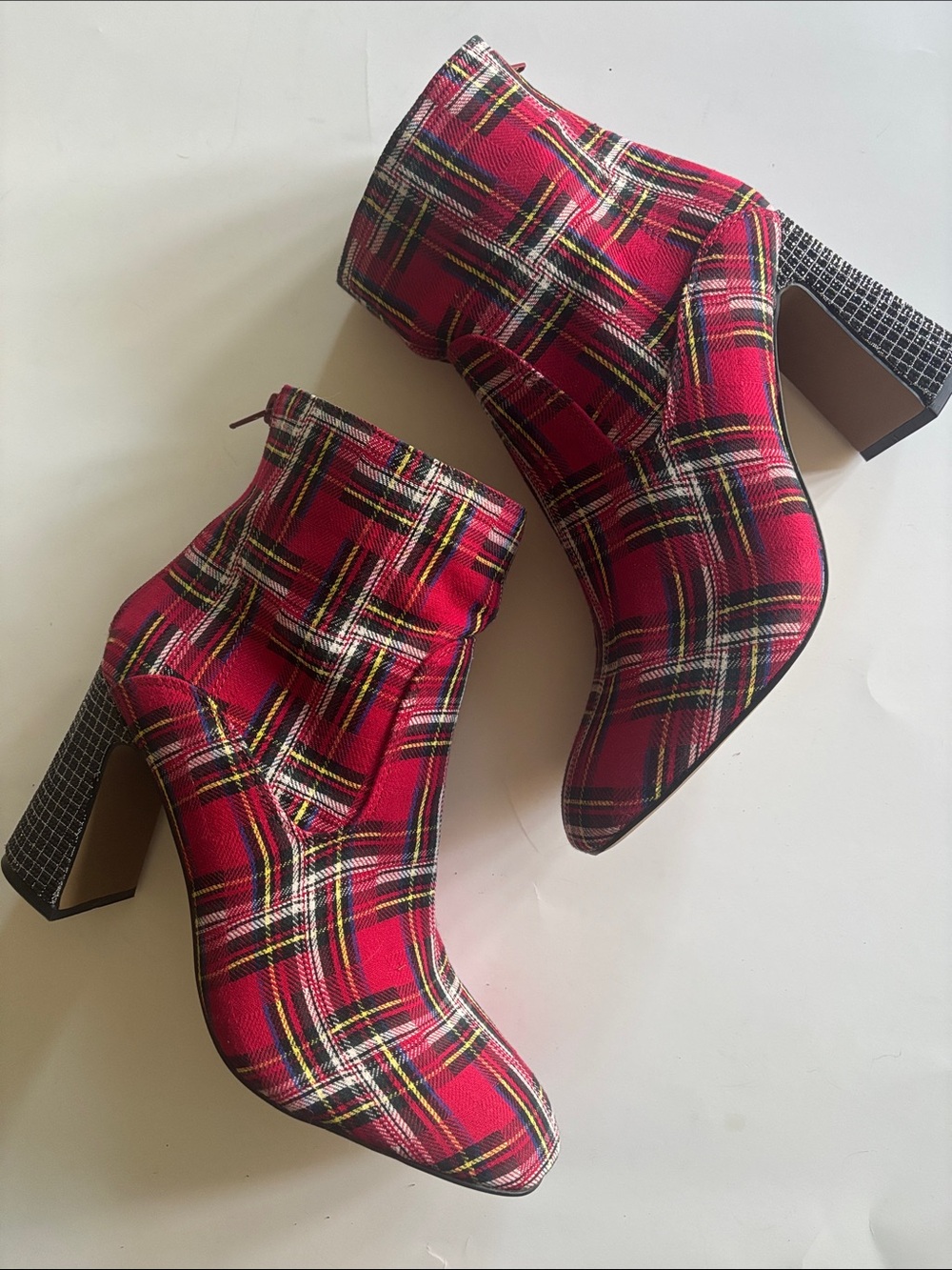 Betsey Johnson Red Plaid Ankle Booties with Patterned Block Heel